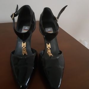 ALDO black Leather Pointy Toe Ankle Strap Heels Wo